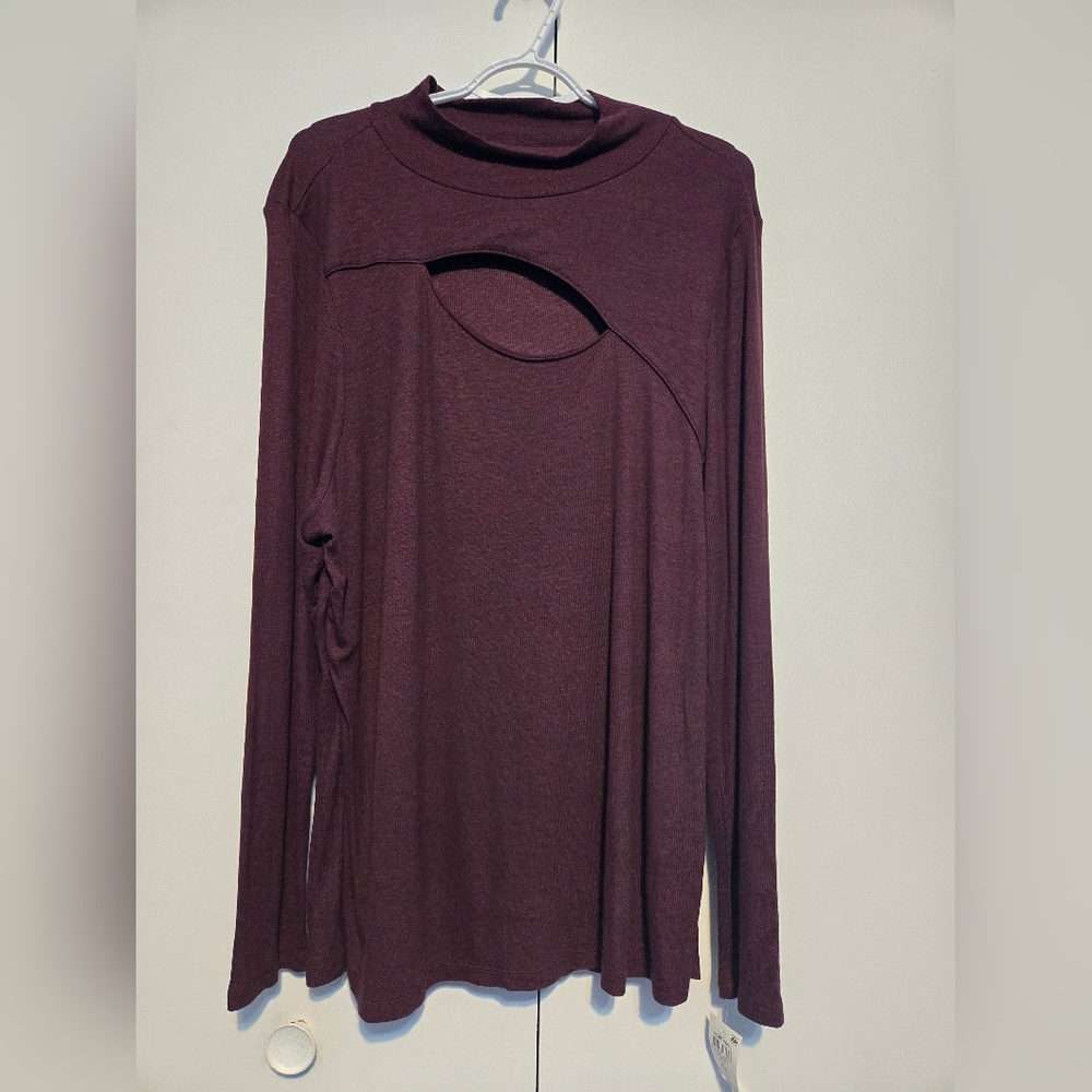 INC International Concepts Burgundy Long Sleeve Peep Women's Top